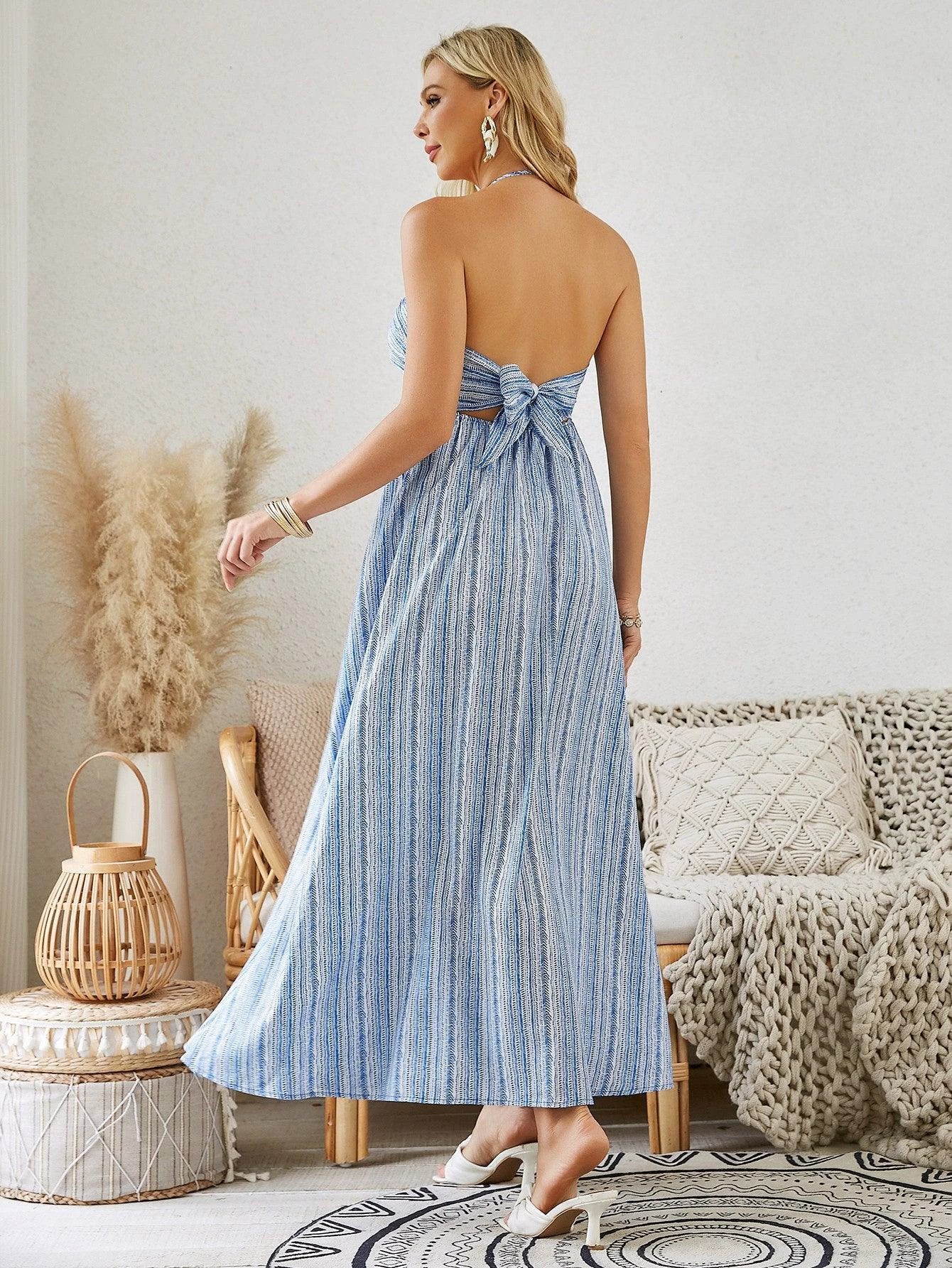 Bohemian Halter Maxi Dress - Women's Summer Sleeveless Flowy Beach Dress - MANDOTOS