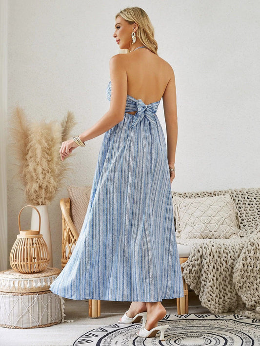 Bohemian Halter Maxi Dress - Women's Summer Sleeveless Flowy Beach Dress - MANDOTOS