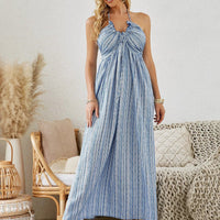 Mandotos bohemian halter maxi dress for women, sleeveless and flowy, perfect for summer beachwear and casual outings.