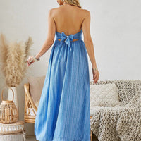 Mandotos bohemian halter maxi dress for women, sleeveless and flowy, perfect for summer beachwear and casual outdoor occasions.
