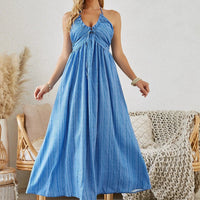 Mandotos women's bohemian halter maxi dress, sleeveless and flowy, perfect for summer beachwear and casual outdoor occasions.