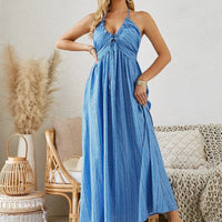 Mandotos bohemian halter maxi dress for women, sleeveless and flowy, perfect for summer beachwear and casual outdoor outings.