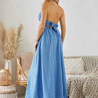 Mandotos bohemian halter maxi dress for women, sleeveless and flowy, perfect for summer beachwear and casual outings.