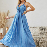 Mandotos bohemian halter maxi dress for women, sleeveless and flowy, perfect for summer beachwear and casual outings.