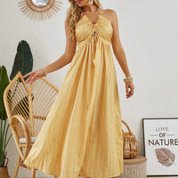 Mandotos bohemian halter maxi dress for women, sleeveless and flowy, perfect for summer beachwear and casual occasions.