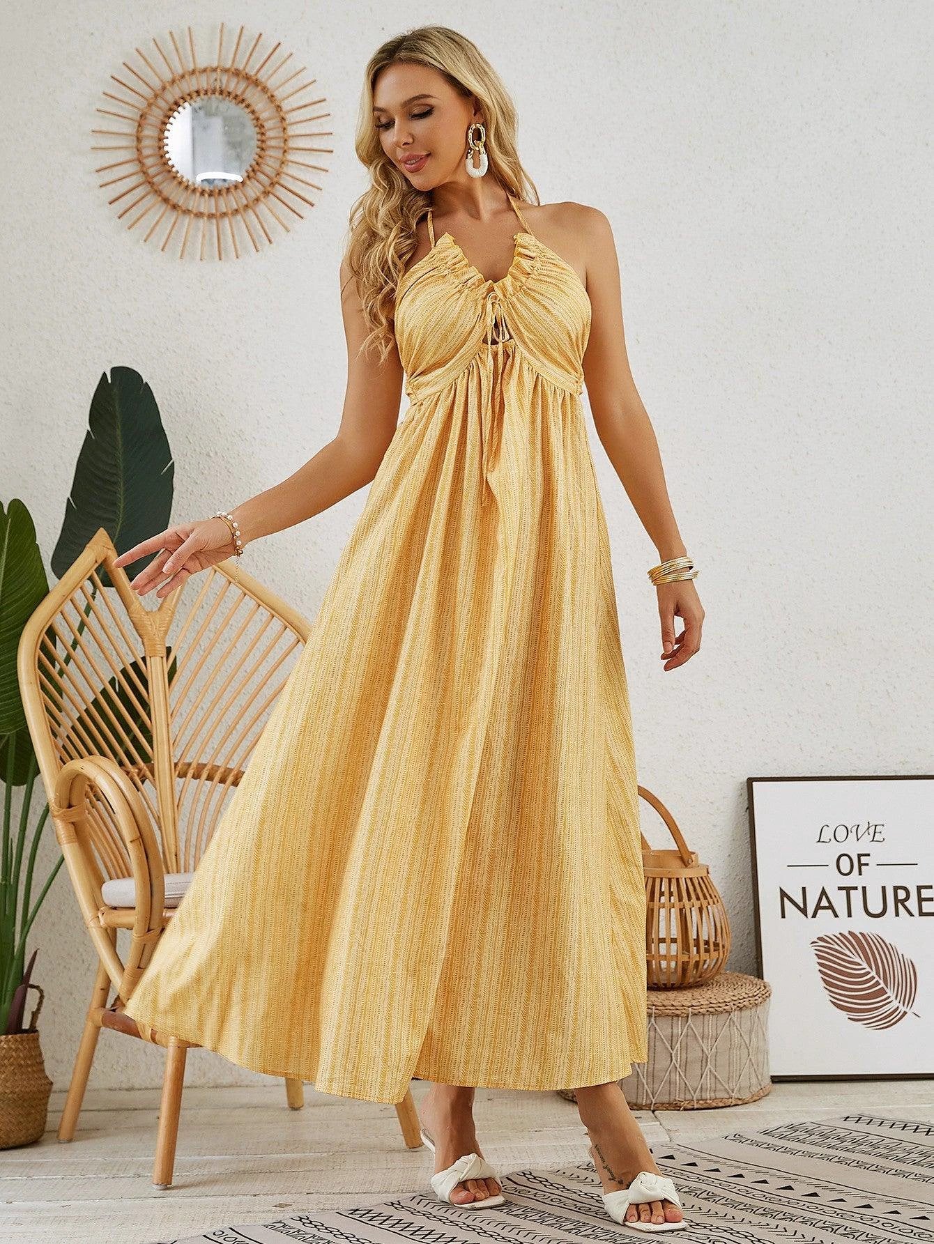 Mandotos bohemian halter maxi dress for women, sleeveless and flowy, perfect for summer beachwear and casual occasions.