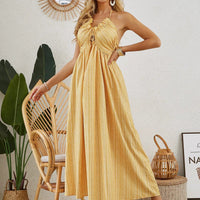 Mandotos bohemian halter maxi dress for women, sleeveless and flowy, perfect for summer beachwear and casual outdoor events.