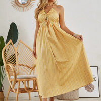 Mandotos bohemian halter maxi dress for women, sleeveless and flowy, perfect for summer beachwear and casual outings.
