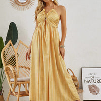 Mandotos bohemian halter maxi dress for women, sleeveless and flowy, perfect for summer beach outings.