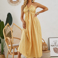 Mandotos women's bohemian halter maxi dress, sleeveless and flowy, perfect for summer beachwear.