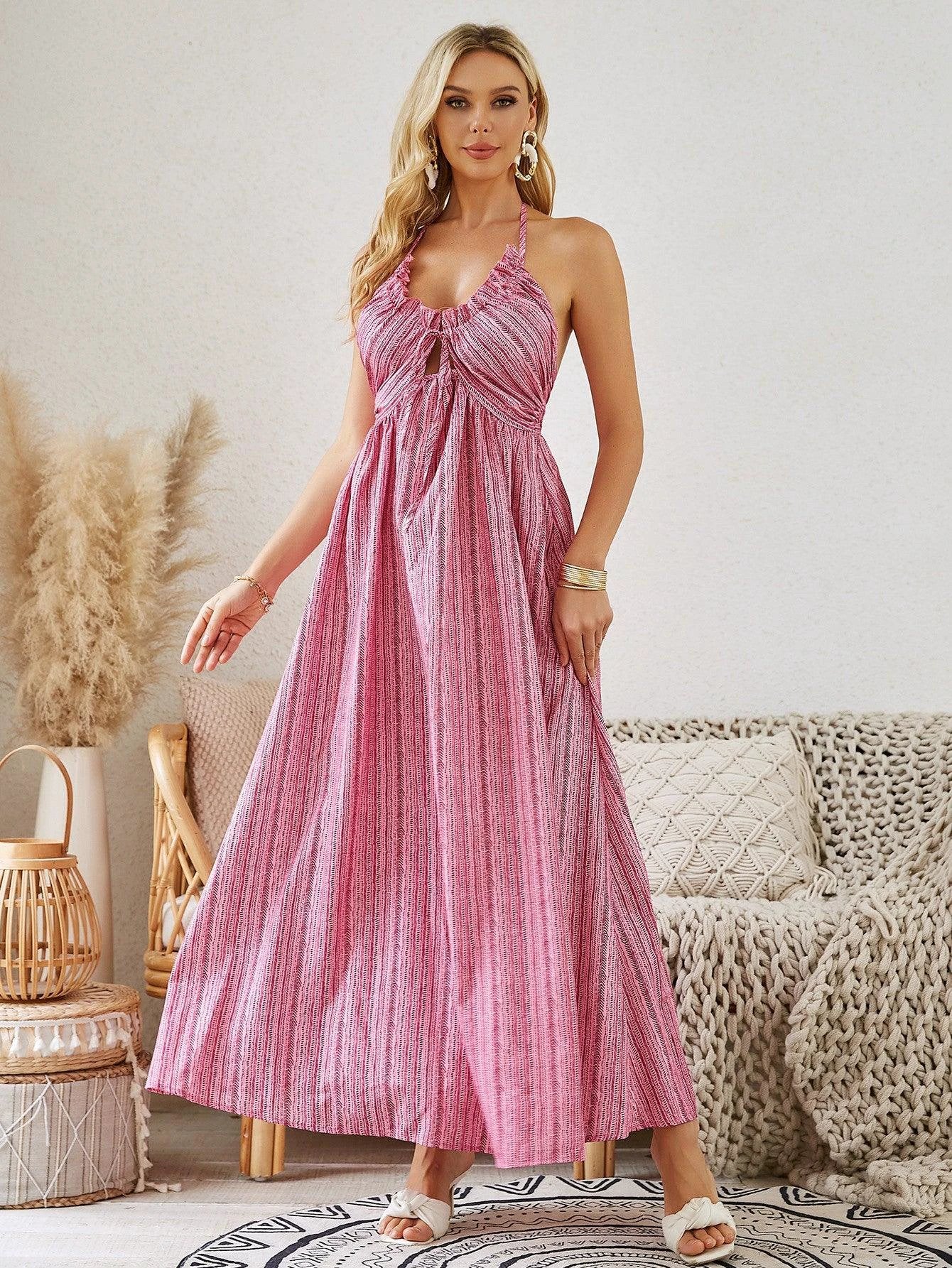Mandotos bohemian halter maxi dress for women, sleeveless and flowy, perfect for summer beachwear.