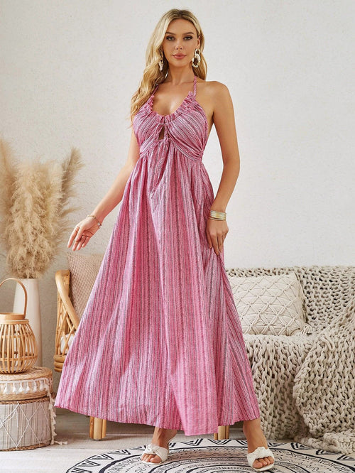 Bohemian Halter Maxi Dress - Women's Summer Sleeveless Flowy Beach Dress - MANDOTOS