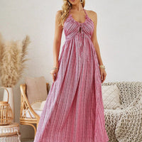 Mandotos women's bohemian halter maxi dress, sleeveless and flowy, perfect for summer beachwear and casual outdoor occasions.