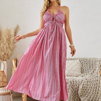 Mandotos women's bohemian halter maxi dress, sleeveless and flowy, perfect for summer beachwear and casual outdoor outings.