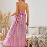 Mandotos bohemian halter maxi dress for women, sleeveless and flowy, perfect for summer beachwear and casual outdoor outings.