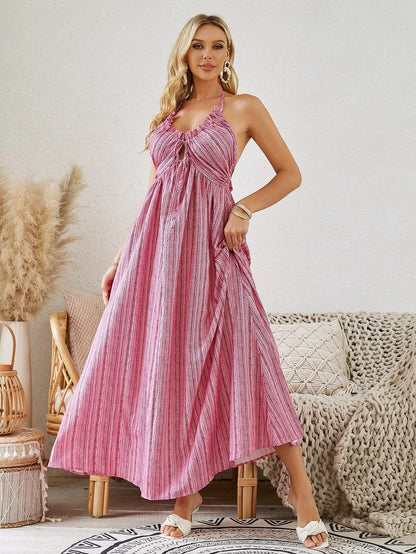 Bohemian Halter Maxi Dress - Women's Summer Sleeveless Flowy Beach Dress - MANDOTOS