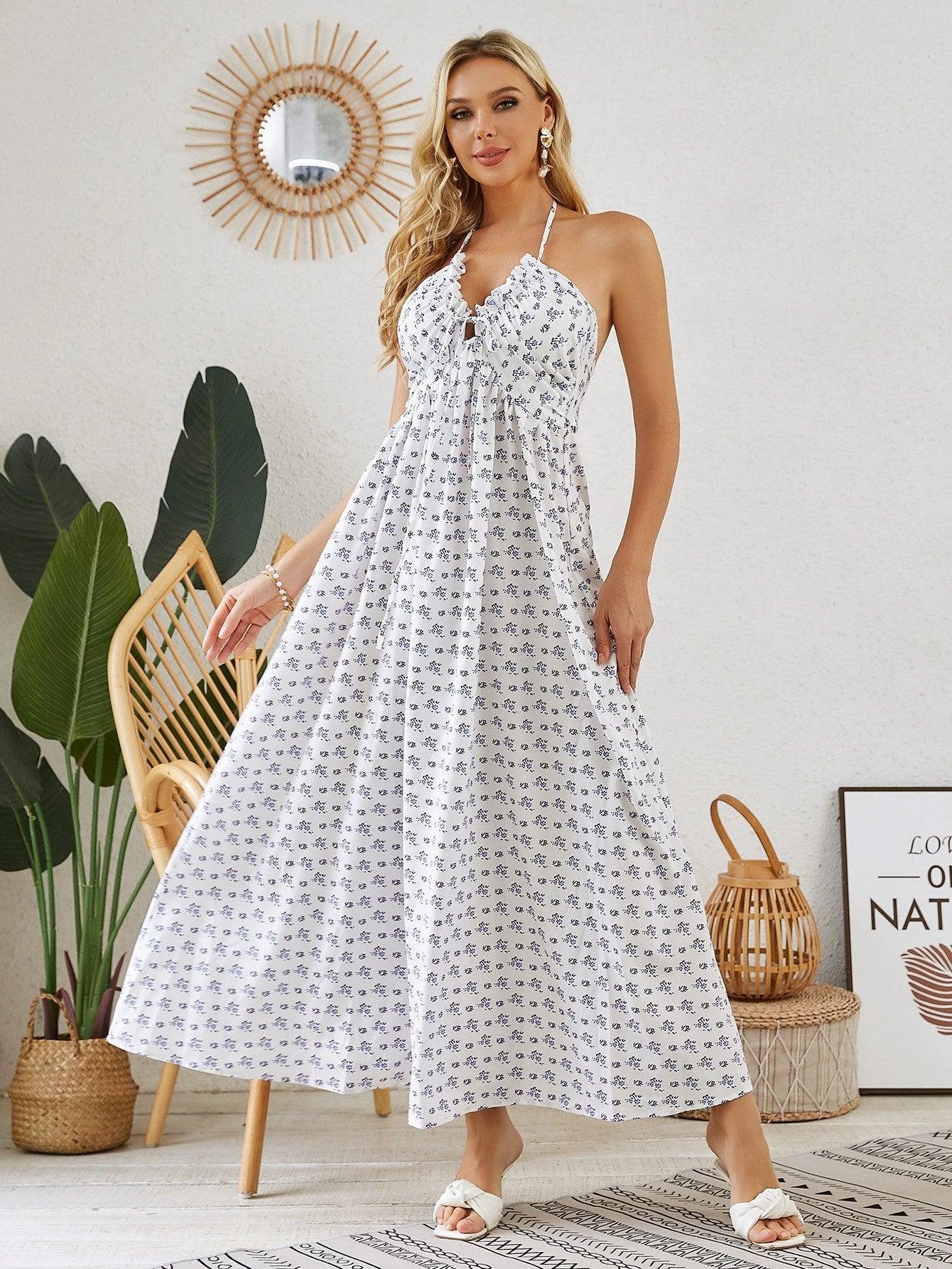 Bohemian Halter Maxi Dress - Women's Summer Sleeveless Flowy Beach Dress - MANDOTOS