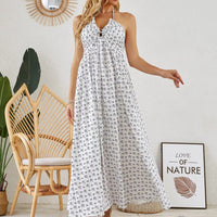 Mandotos bohemian halter maxi dress for women, sleeveless and flowy, perfect for summer beach wear, shown on a model