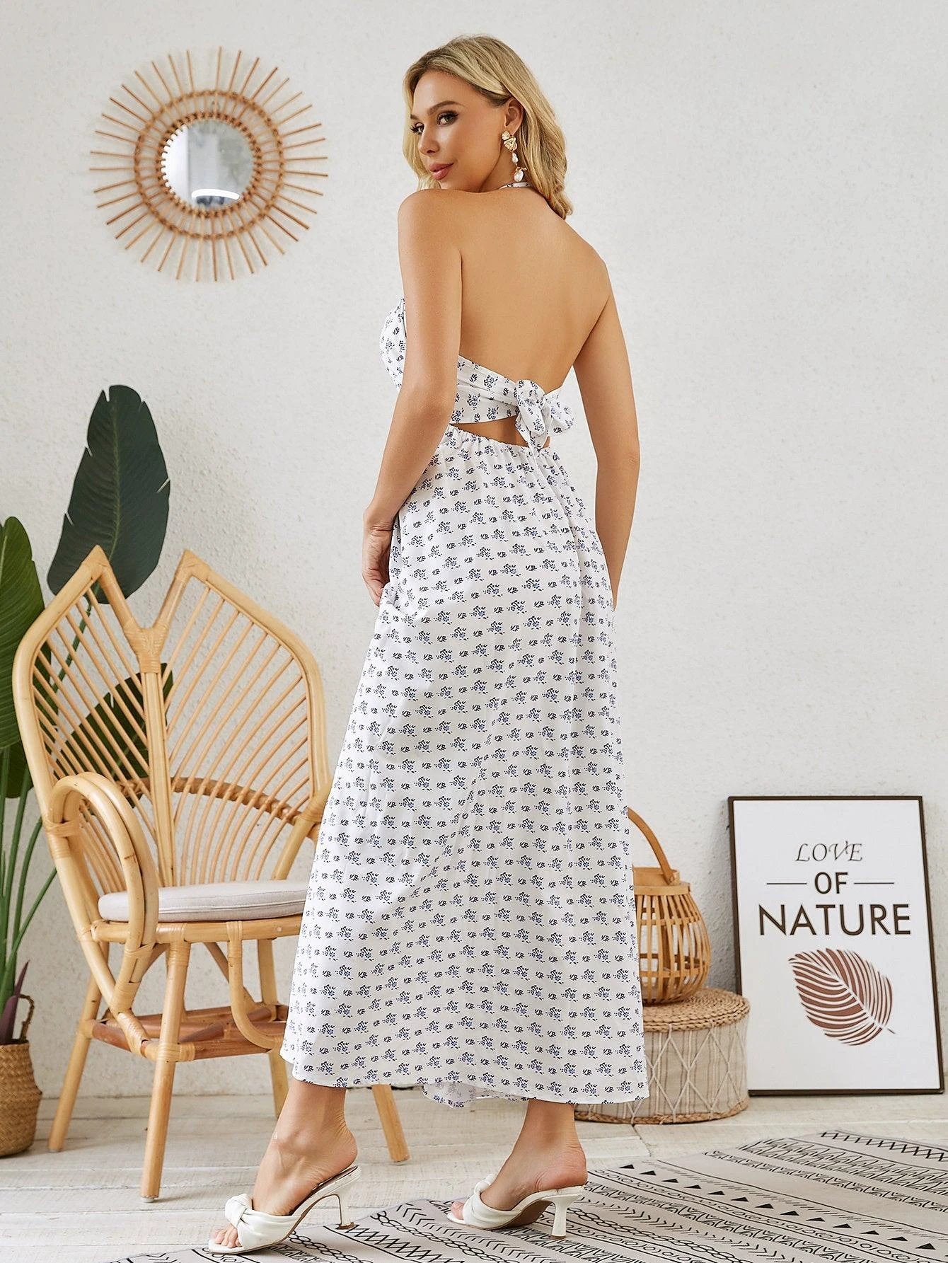 Bohemian Halter Maxi Dress - Women's Summer Sleeveless Flowy Beach Dress - MANDOTOS