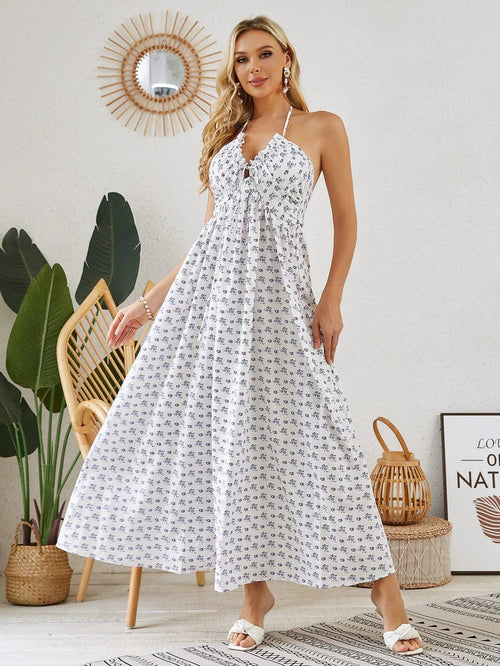 Bohemian Halter Maxi Dress - Women's Summer Sleeveless Flowy Beach Dress - MANDOTOS
