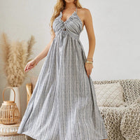 Mandotos bohemian halter maxi dress for women, sleeveless and striped, flowy summer beach dress perfect for warm weather.