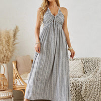 Mandotos women's bohemian halter maxi dress with summer stripes, sleeveless, flowy design perfect for beach or casual summer wear.