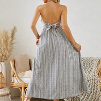 Mandotos women's bohemian halter maxi dress with summer stripes, sleeveless, flowy design, perfect for beach and summer wear.