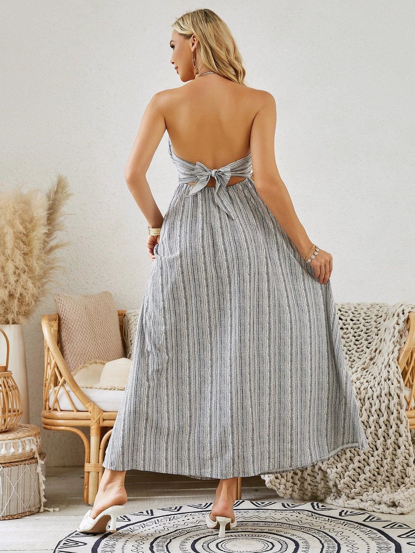 Mandotos women's bohemian halter maxi dress with summer stripes, sleeveless, flowy design, perfect for beach and summer wear.
