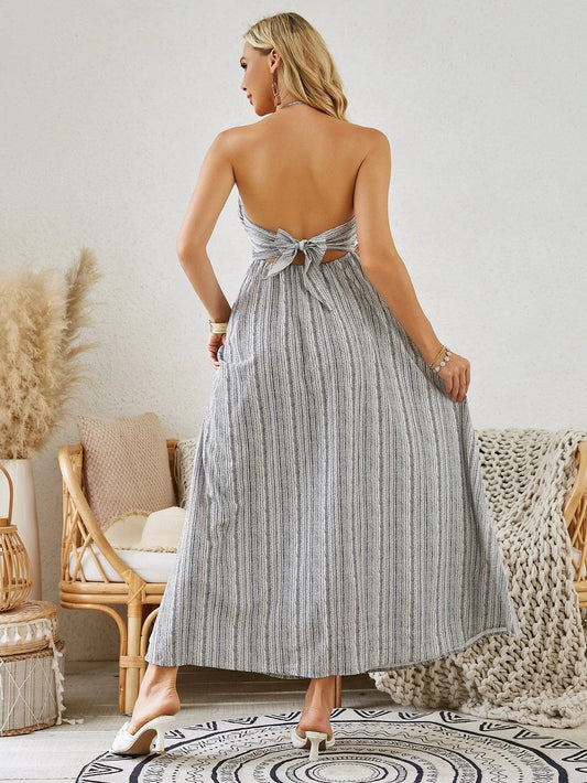 Bohemian Halter Maxi Dress - Women's Summer Striped Sleeveless Flowy Beach Dress - MANDOTOS