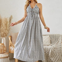 Mandotos bohemian halter maxi dress for women, sleeveless and striped, flowy beach dress perfect for summer wear.