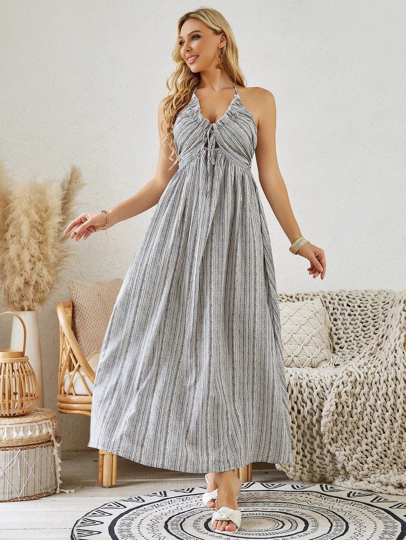 Mandotos bohemian halter maxi dress for women, sleeveless and striped, flowy beach dress perfect for summer wear.