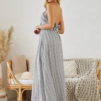 Mandotos women's bohemian halter maxi dress with striped pattern, sleeveless, flowy fit, ideal for summer beachwear.