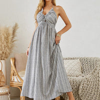 Mandotos bohemian halter maxi dress for women with summer striped sleeveless flowy beach style.