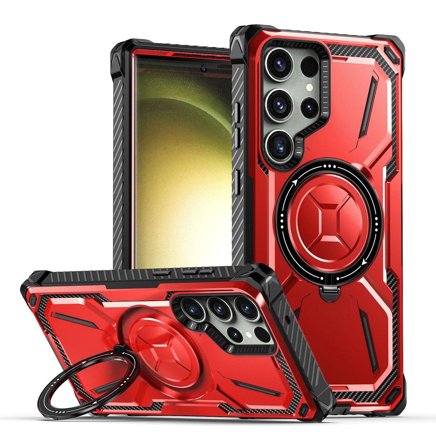 Mandotos magnetic phone case with ring, drop-resistant and protective, shown on a smartphone with a sleek design.