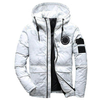 Camouflage men's hooded winter parka by Mandotos, slim fit, windproof and warm, suitable for casual outdoor adventures.