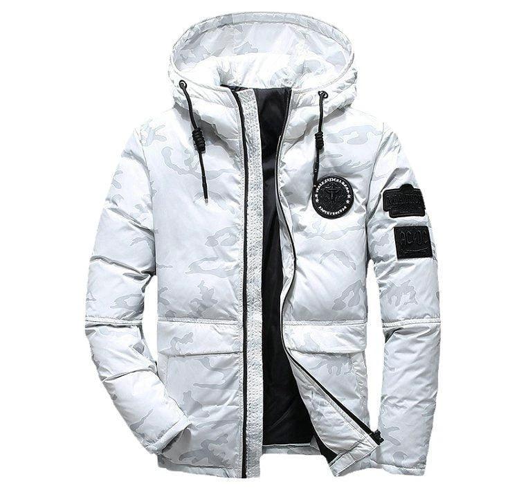 Camouflage men's hooded winter parka by Mandotos, slim fit, windproof and warm, suitable for casual outdoor adventures.