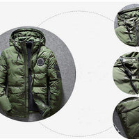 Camouflage men's hooded winter parka by Mandotos, slim fit, windproof and warm, ideal for casual outdoor adventures.