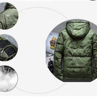 Camouflage men's hooded winter parka by Mandotos, slim fit, windproof and warm for casual outdoor adventures.