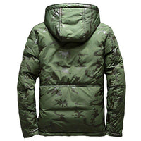 Mandotos camouflage men's hooded winter parka with slim fit, windproof and warm for casual outdoor adventures.