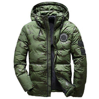 Camouflage men's hooded winter parka by MANDOTOS, slim fit, windproof and warm, ideal for casual outdoor adventures.