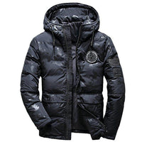 Camouflage men's hooded winter parka by MANDOTOS, slim fit, windproof, warm, ideal for casual outdoor adventures.