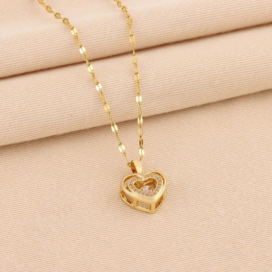 Double-Layer Love Necklace - Rhinestone Titanium Steel Pendant - MANDOTOS