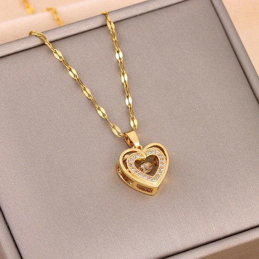 Double-Layer Love Necklace - Rhinestone Titanium Steel Pendant - MANDOTOS