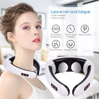 Mandotos electric TENS pulse neck massager with magnetic therapy device showing adjustable straps and control panel.