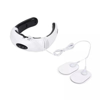 Mandotos electric TENS pulse neck massager with magnetic therapy, showing the device wrapped around a person's neck for relief.