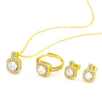 Mandotos fashion jewelry set with zircon gem necklace, matching earrings, and ring displayed on a white background.