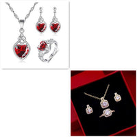 Mandotos fashion jewelry set with zircon gem necklace, matching earrings, and ring displayed on a white background.