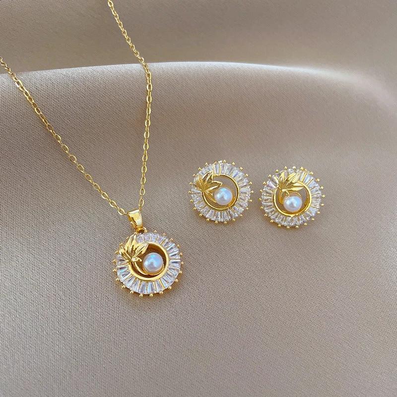 Fashion Jewelry Square Full Diamond Personalized Round Ring Leaves Necklace And Earrings Suite - MANDOTOS