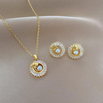 Fashion Jewelry Square Full Diamond Personalized Round Ring Leaves Necklace And Earrings Suite - MANDOTOS