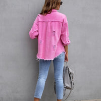 Mandotos women's ripped shirt jacket, casual autumn and spring top, stylish women's clothing with distressed design.